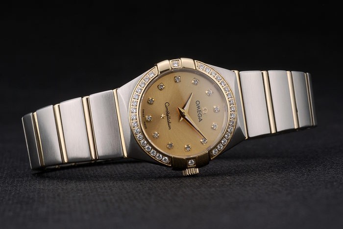 Swiss Lady Omega Constellation Crystal Encrusted Bezel Golden Dial 80293
